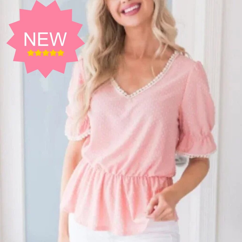 Swiss Dot Top Women's V Neck Babydoll Blouse Shirt Half Sleeve Peach Pink - Picture 2 of 8